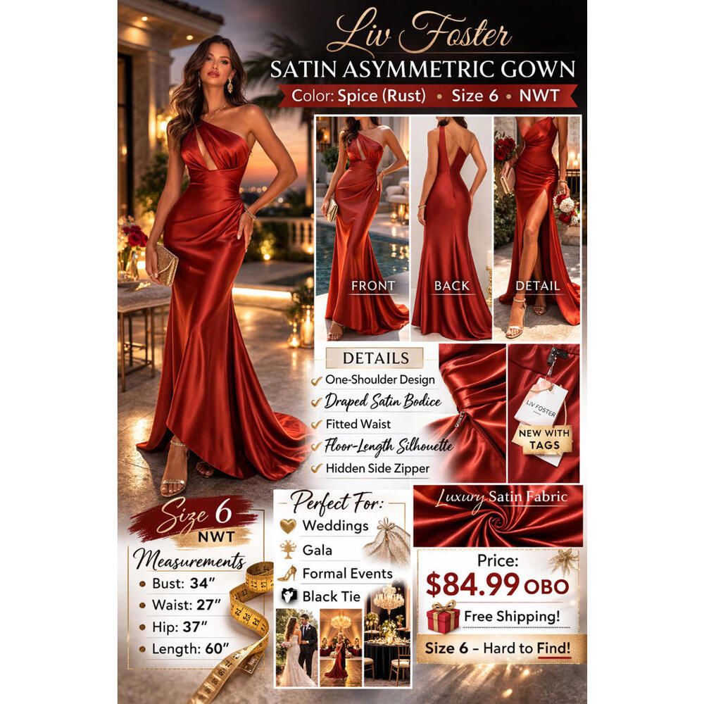 Liv Foster Satin Asymmetric Gown – Spice – Size 6 – NWT